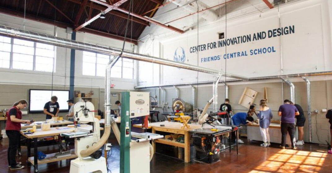 Students working in the makerspace at the Center for Innovation and Design, Friends' Central School